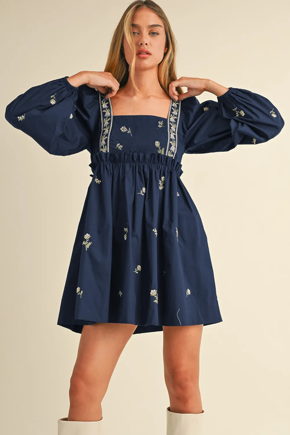 Blue Floral Embroidered Square Neck Puff Sleeve Ruffled Mini Dress sold by Beagle Boutique product image thumbnail 5