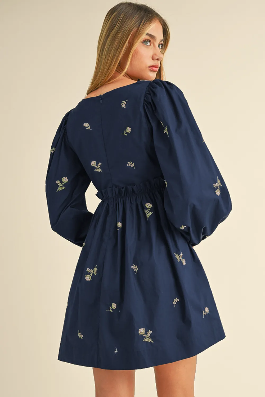 Blue Floral Embroidered Square Neck Puff Sleeve Ruffled Mini Dress sold by Beagle Boutique product image thumbnail 2