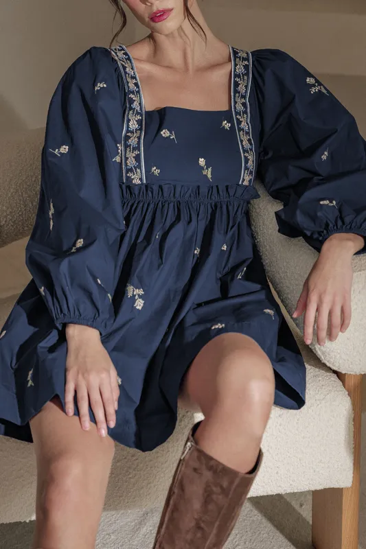 Blue Floral Embroidered Square Neck Puff Sleeve Ruffled Mini Dress sold by Beagle Boutique