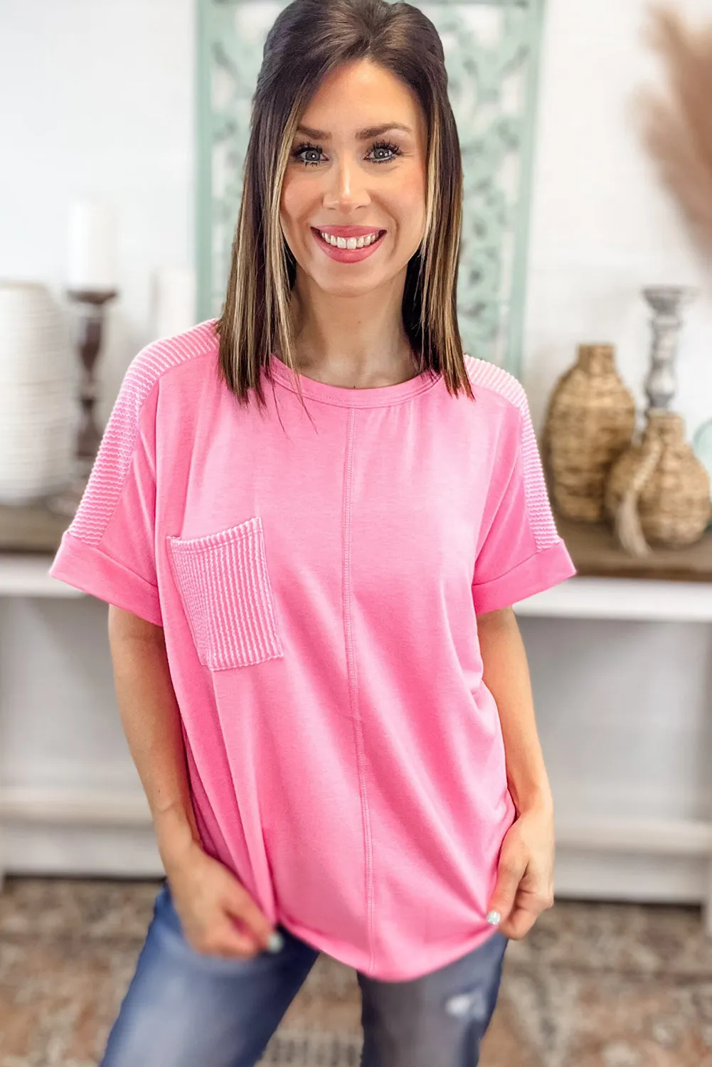 Pink Ribbed Patchwork Pocketed Plus Size T Shirt sold by Beagle Boutique product image thumbnail 4