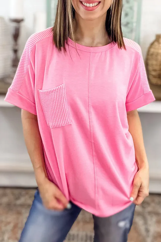 Pink Ribbed Patchwork Pocketed Plus Size T Shirt made by Beagle Boutique