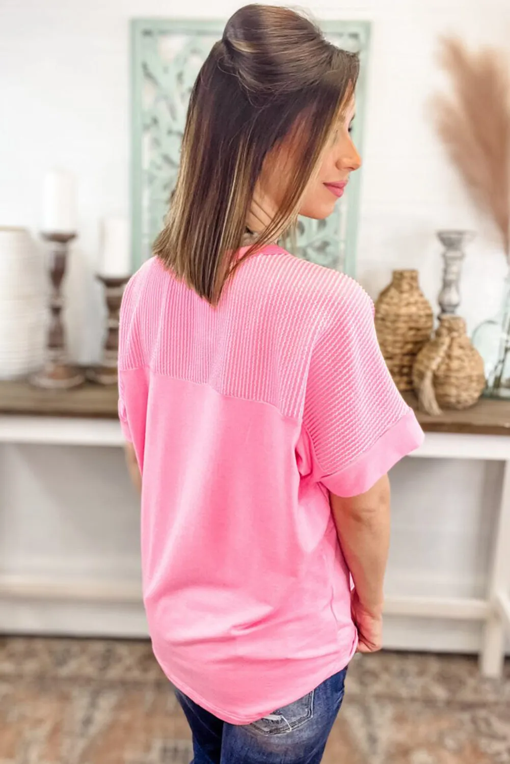 Pink Ribbed Patchwork Pocketed Plus Size T Shirt sold by Beagle Boutique product image thumbnail 2
