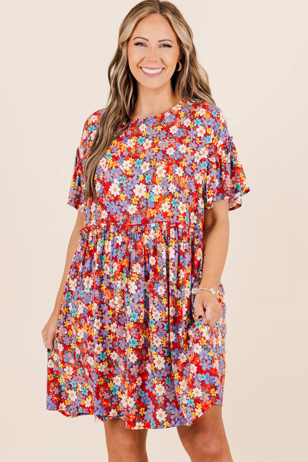 Red Dainty Flower Printed Plus Size Short Sleeve Shift Dress sold by Beagle Boutique product image thumbnail 3