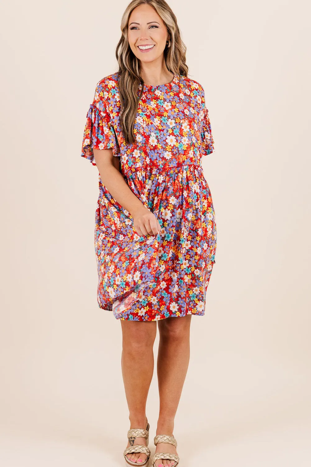 Red Dainty Flower Printed Plus Size Short Sleeve Shift Dress sold by Beagle Boutique product image thumbnail 5