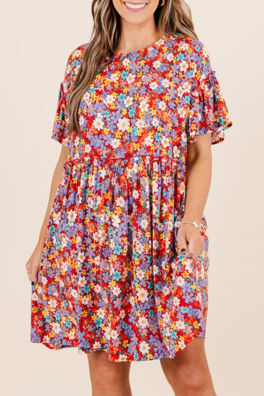 Red Dainty Flower Printed Plus Size Short Sleeve Shift Dress sold by Beagle Boutique