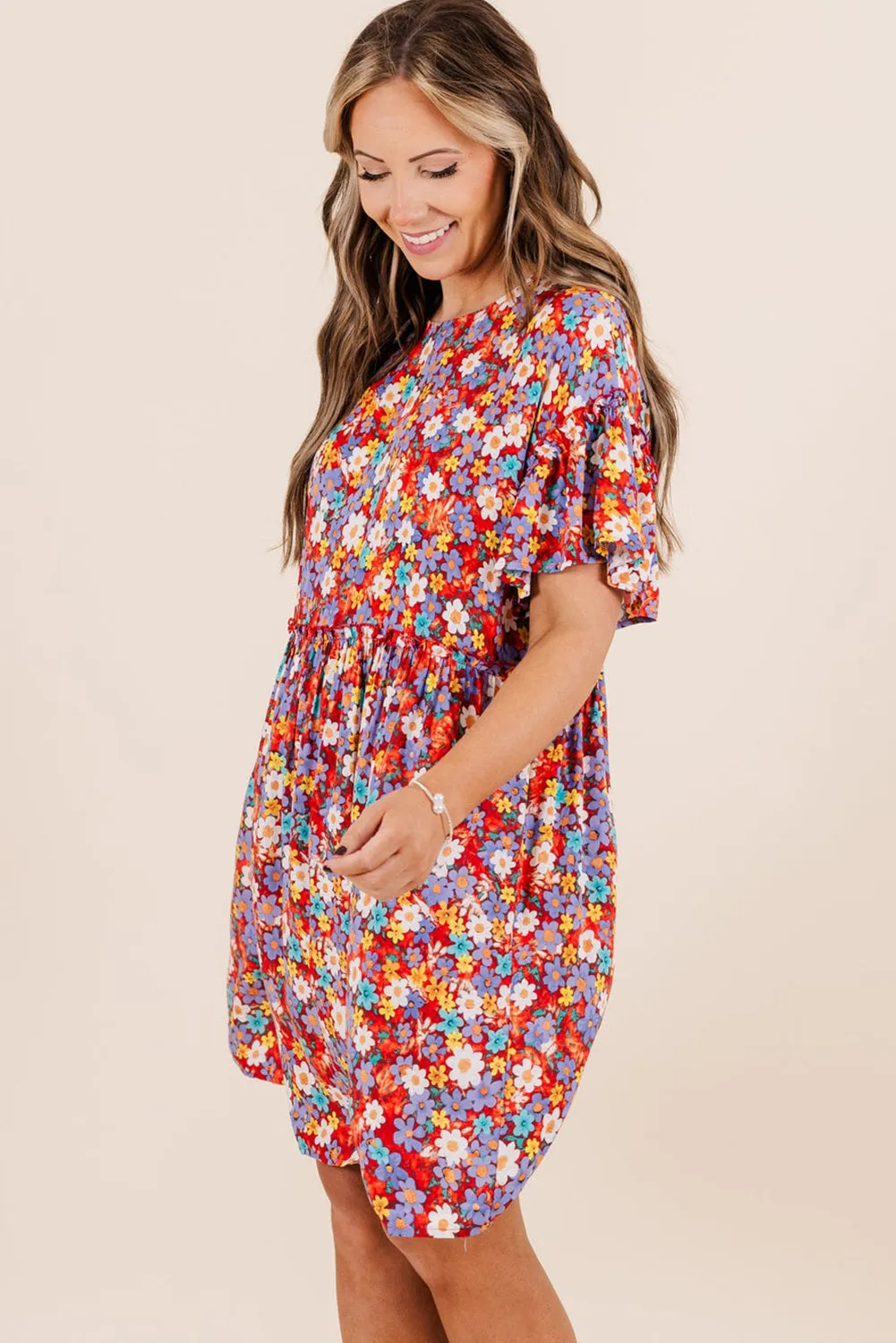 Red Dainty Flower Printed Plus Size Short Sleeve Shift Dress sold by Beagle Boutique product image thumbnail 4