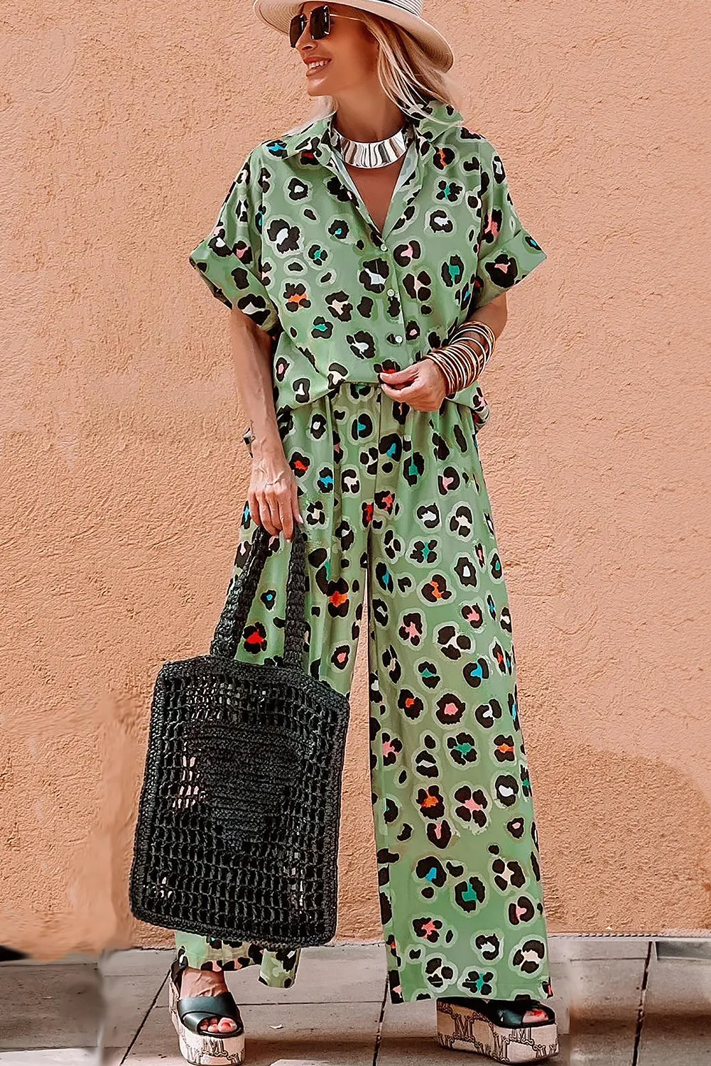 Green Leopard Print Short Sleeve Shirt and Wide Leg Trousers Set sold by Beagle Boutique product image thumbnail 3