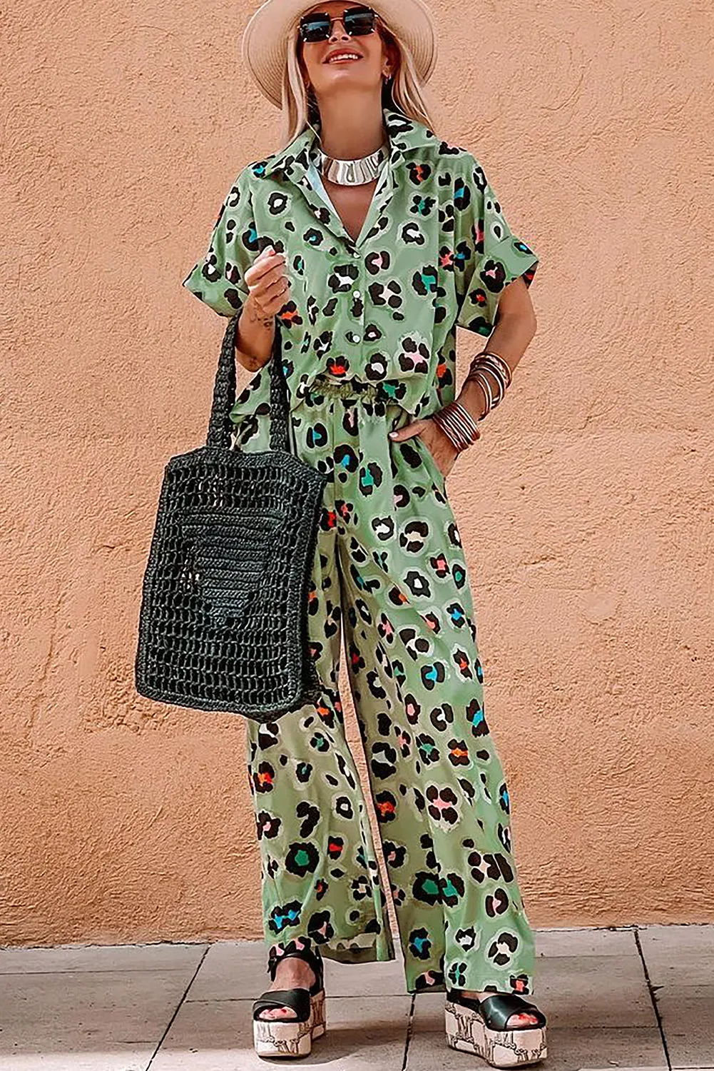 Green Leopard Print Short Sleeve Shirt and Wide Leg Trousers Set sold by Beagle Boutique product image thumbnail 2