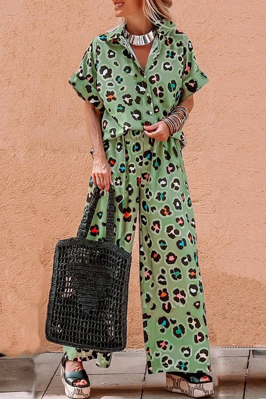 Green Leopard Print Short Sleeve Shirt and Wide Leg Trousers Set sold by Beagle Boutique