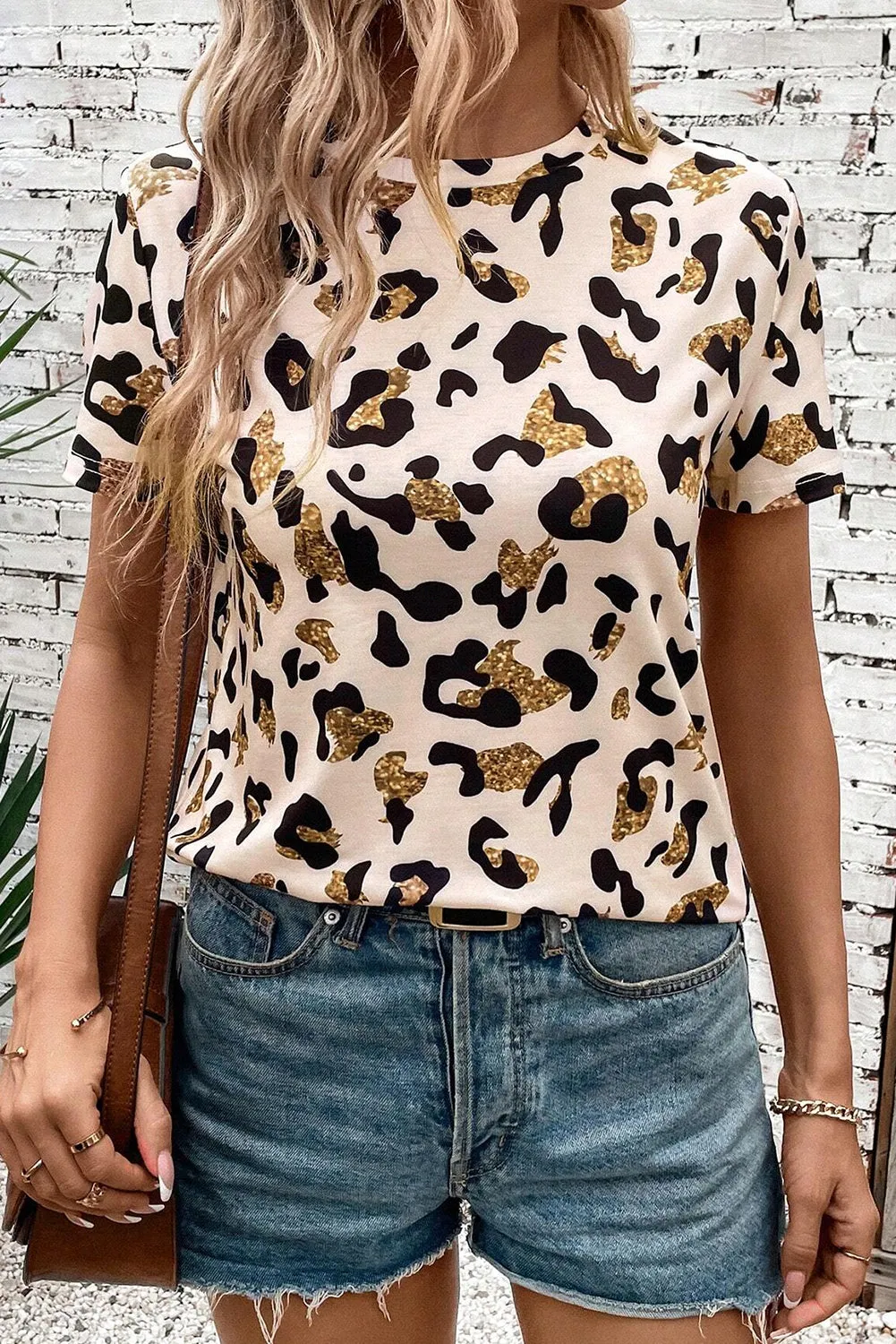 Beige Leopard Print Round Neck Casual T Shirt sold by Beagle Boutique product image thumbnail 3