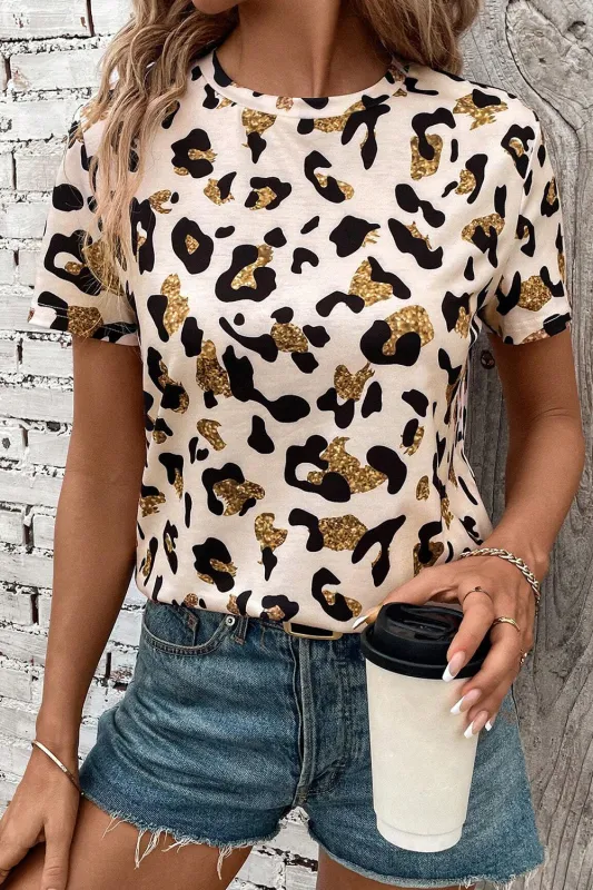 Beige Leopard Print Round Neck Casual T Shirt sold by Beagle Boutique