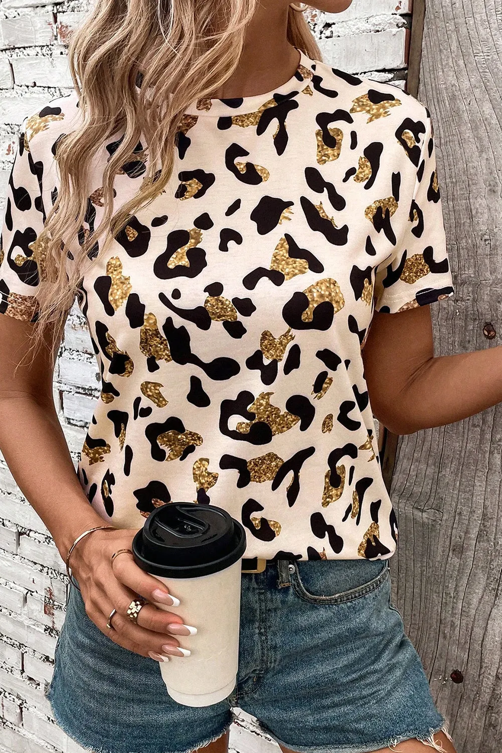 Beige Leopard Print Round Neck Casual T Shirt sold by Beagle Boutique product image thumbnail 4