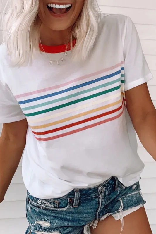 White Rainbow Stripe Print Contrast Crewneck T Shirt sold by Beagle Boutique