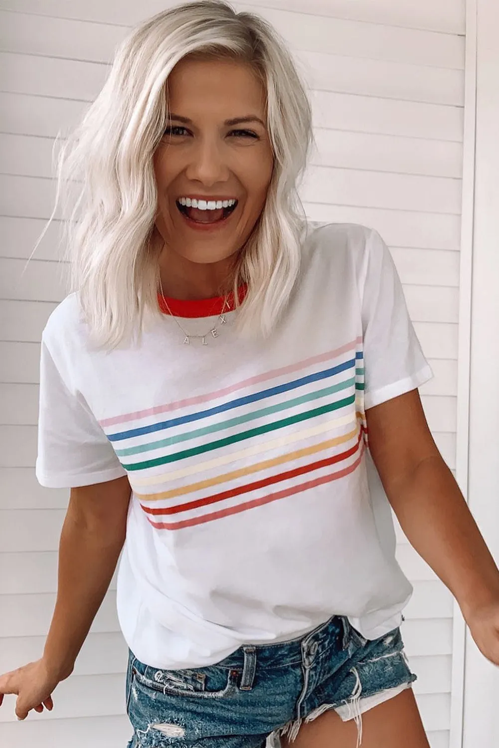 White Rainbow Stripe Print Contrast Crewneck T Shirt sold by Beagle Boutique product image thumbnail 5