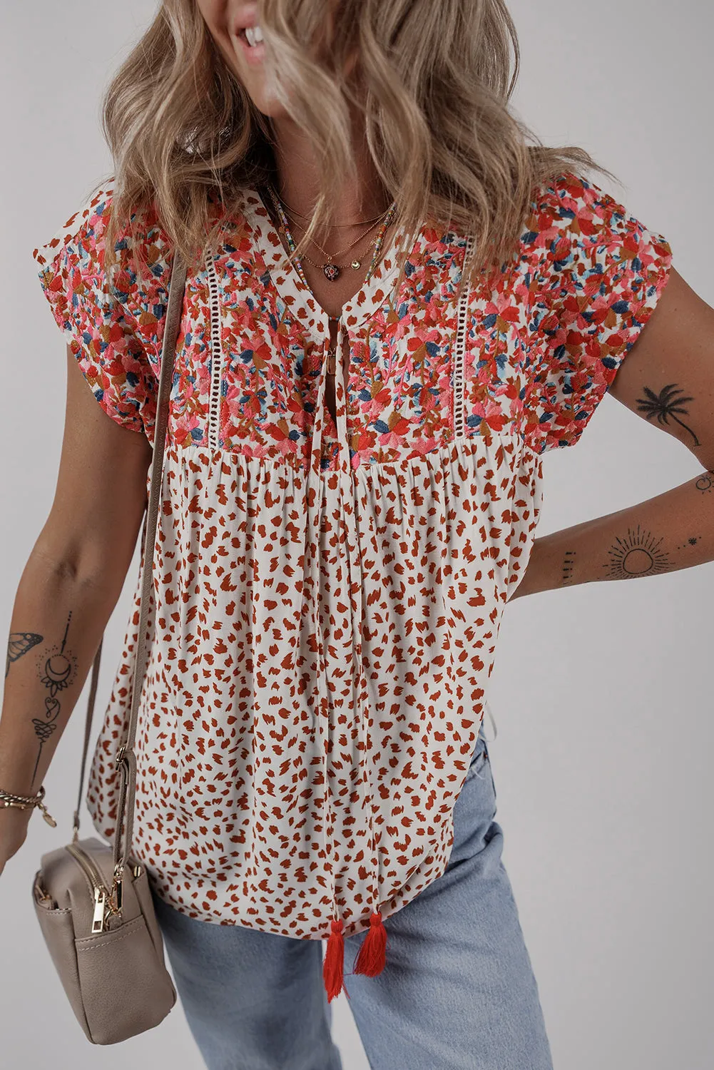 Red Printed Embroidery Detail Tie Split Neck Blouse sold by Beagle Boutique product image thumbnail 3