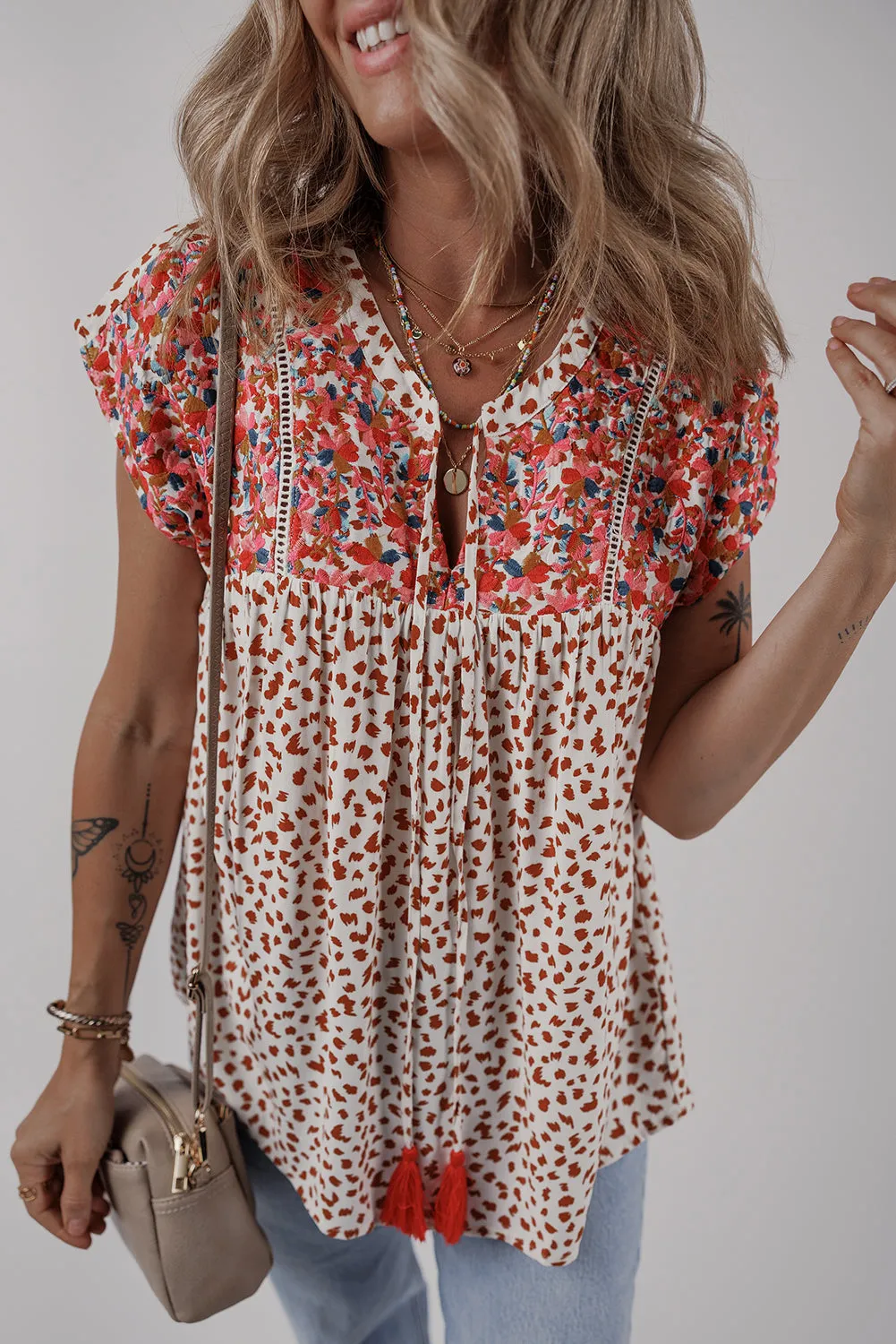 Red Printed Embroidery Detail Tie Split Neck Blouse sold by Beagle Boutique product image thumbnail 5