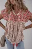 Red Printed Embroidery Detail Tie Split Neck Blouse sold by Beagle Boutique