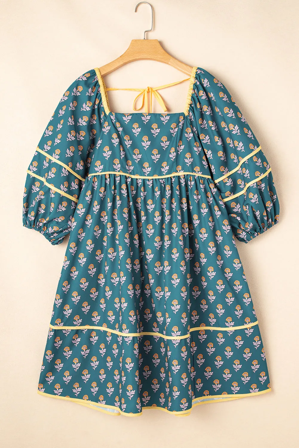 Skobeloff Floral Contrast Trim Square Neck Puff Sleeve Dress sold by Beagle Boutique product image thumbnail 4