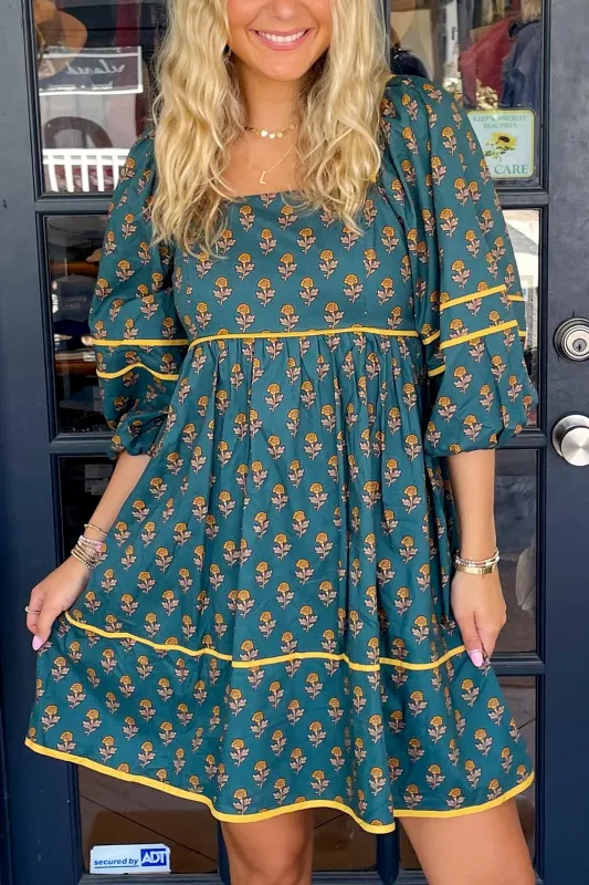 Skobeloff Floral Contrast Trim Square Neck Puff Sleeve Dress sold by Beagle Boutique