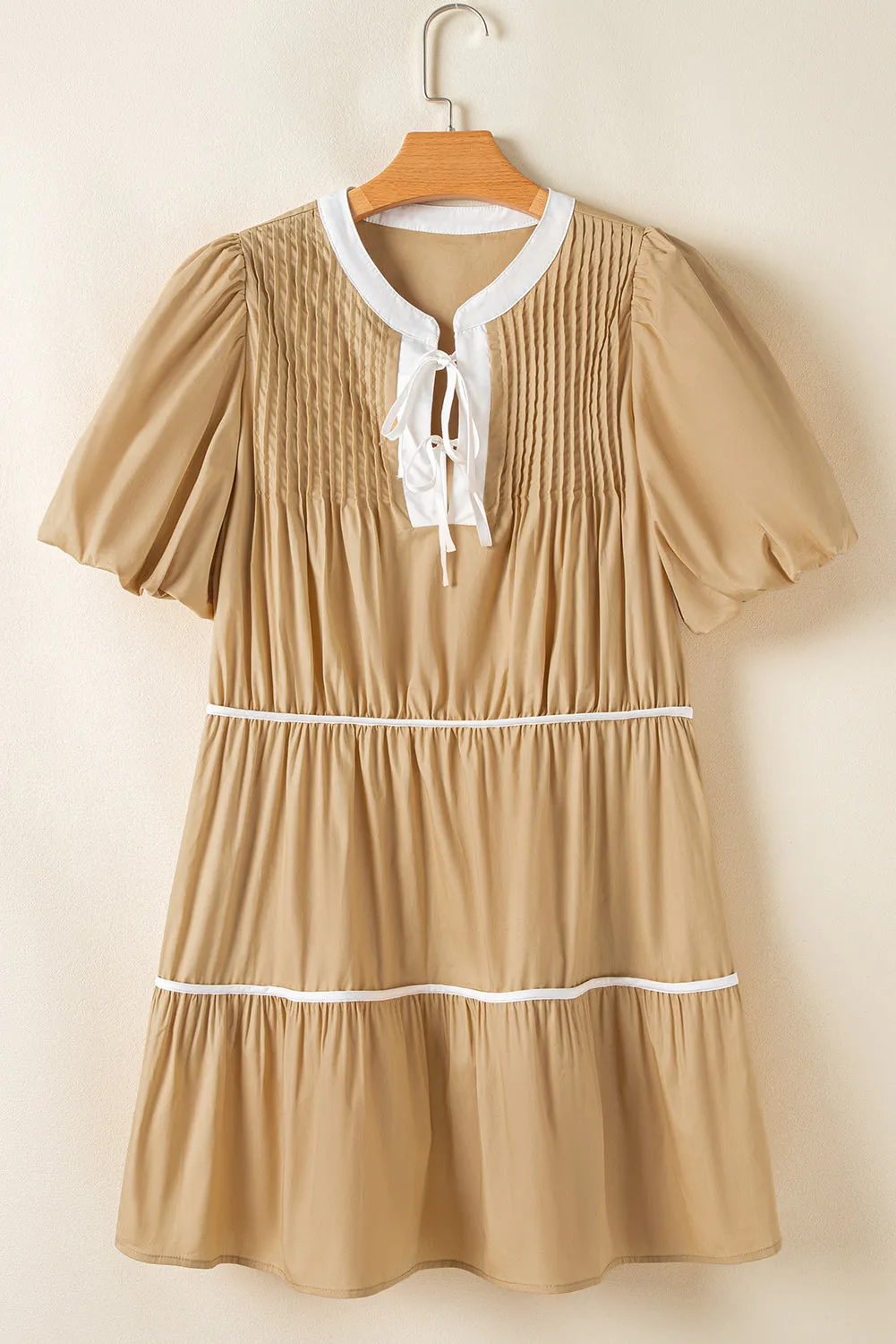 Pale Khaki Contrast Trim Pintuck Puff Sleeve Tied Neck Short Dress sold by Beagle Boutique product image thumbnail 5