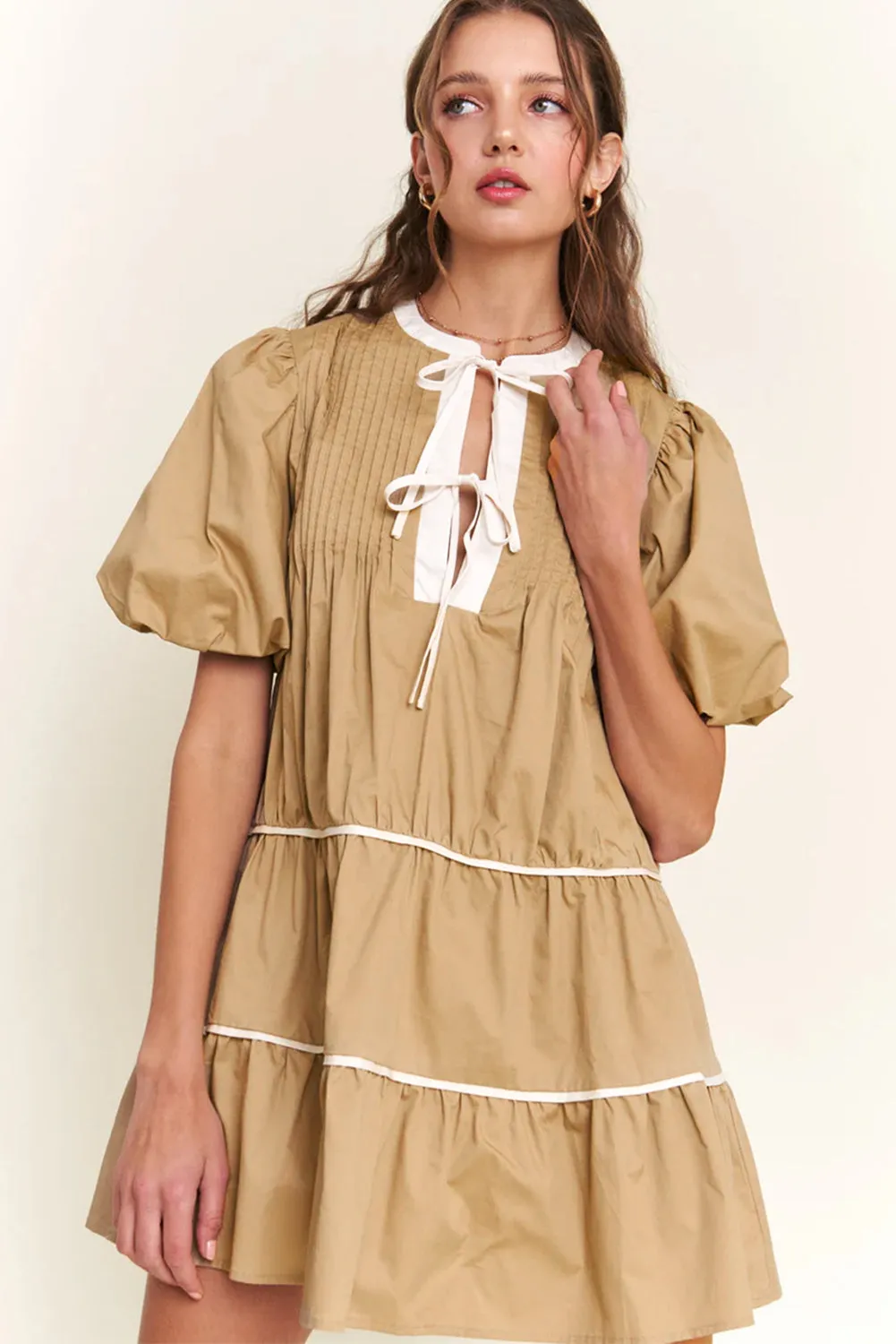 Pale Khaki Contrast Trim Pintuck Puff Sleeve Tied Neck Short Dress sold by Beagle Boutique product image thumbnail 3
