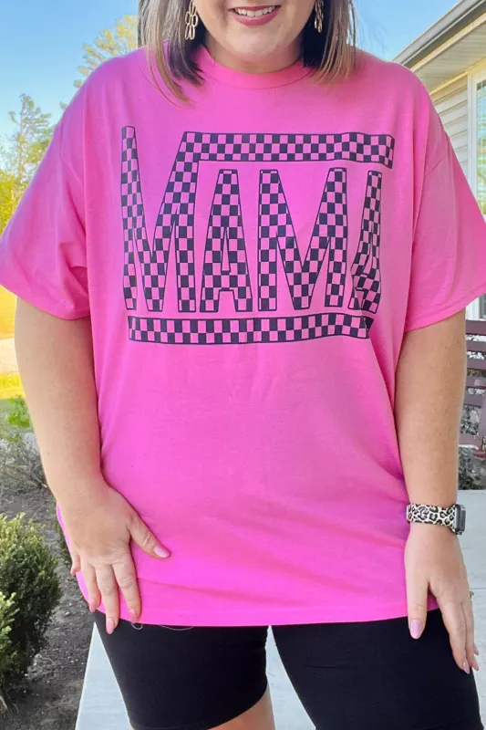 Bright Pink Checker MAMA Letter Printed Graphic Plus Size T Shirt made by Beagle Boutique