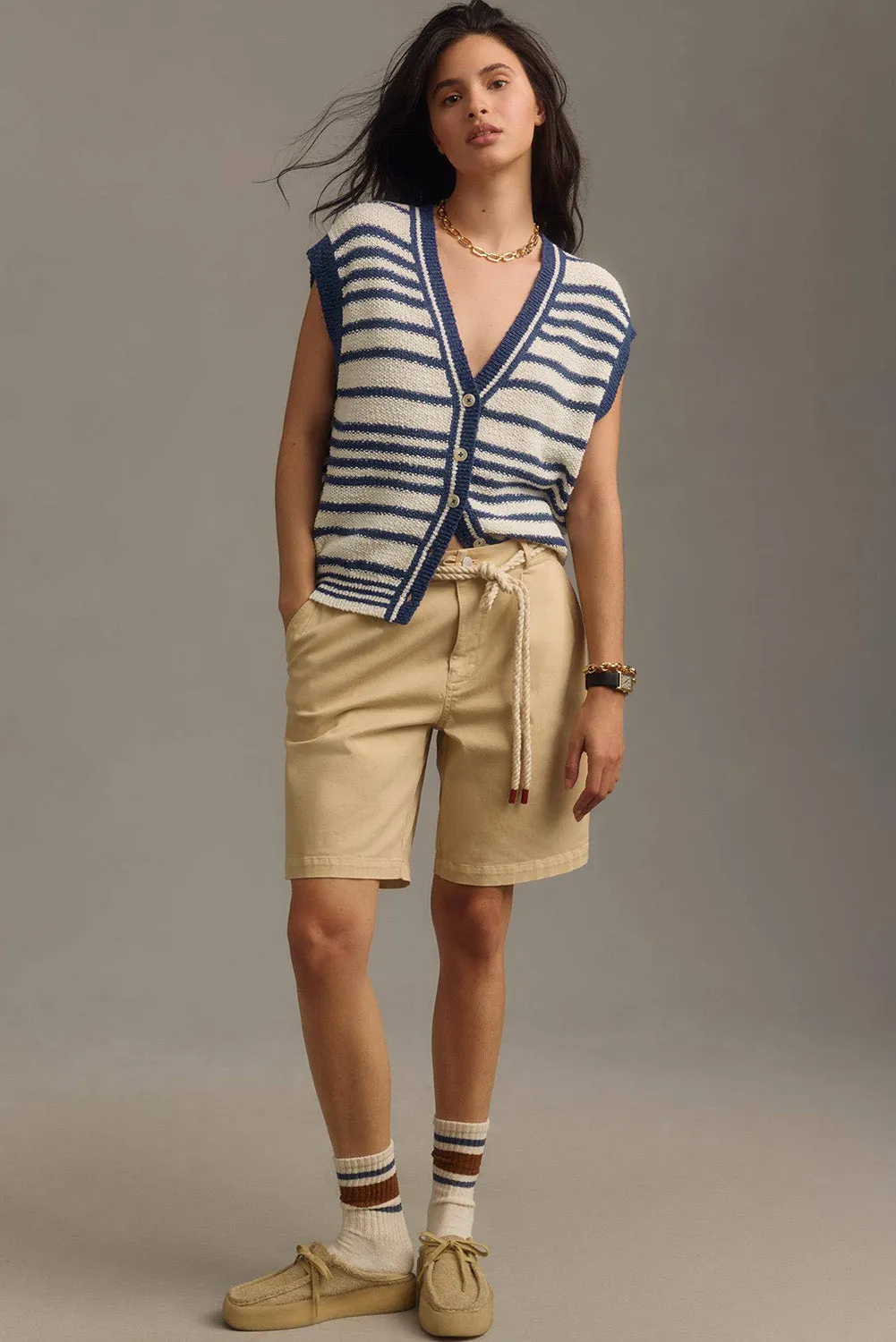 Blue Stripe Loose Buttoned V Neck Sweater Vest sold by Beagle Boutique product image thumbnail 4