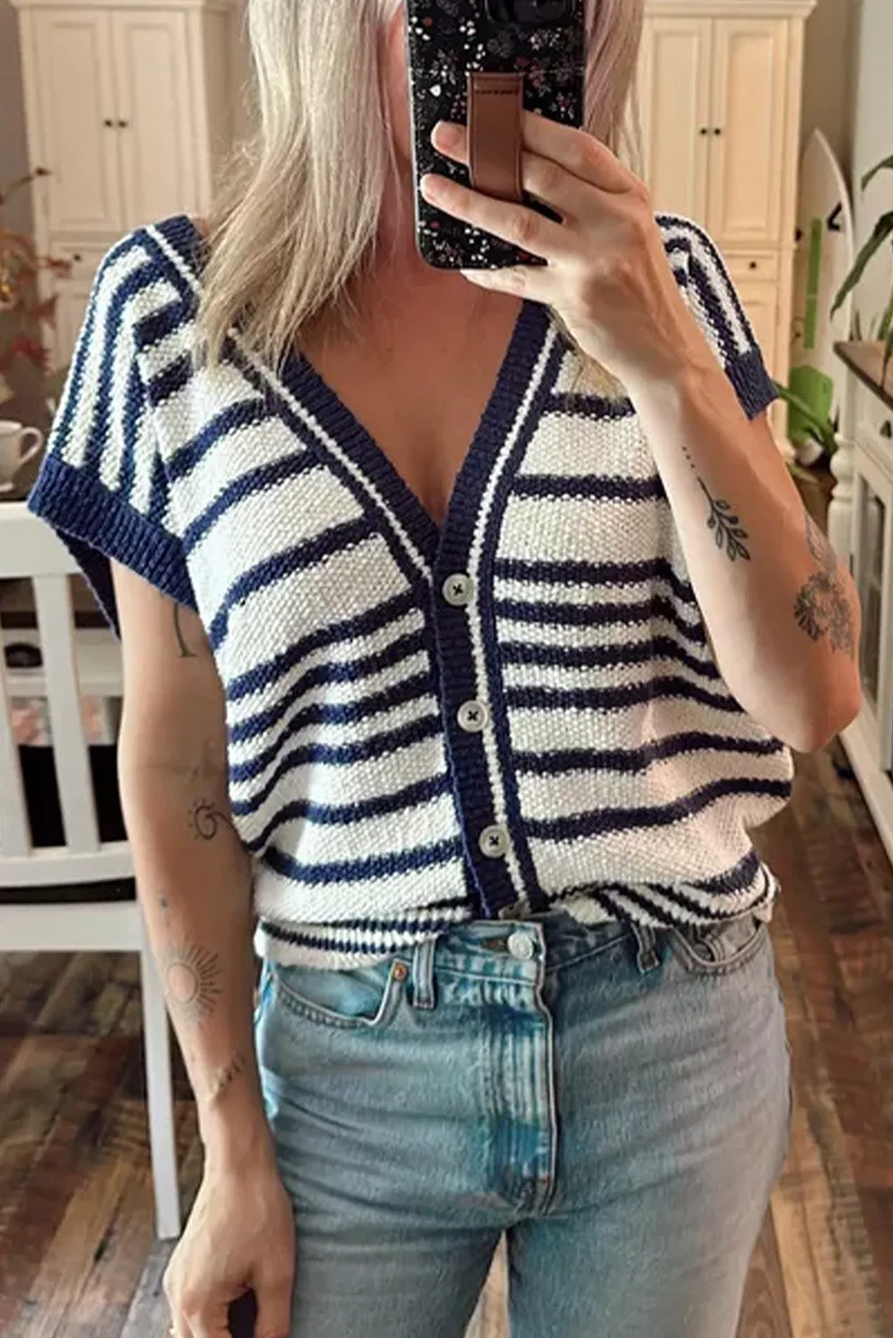 Blue Stripe Loose Buttoned V Neck Sweater Vest sold by Beagle Boutique