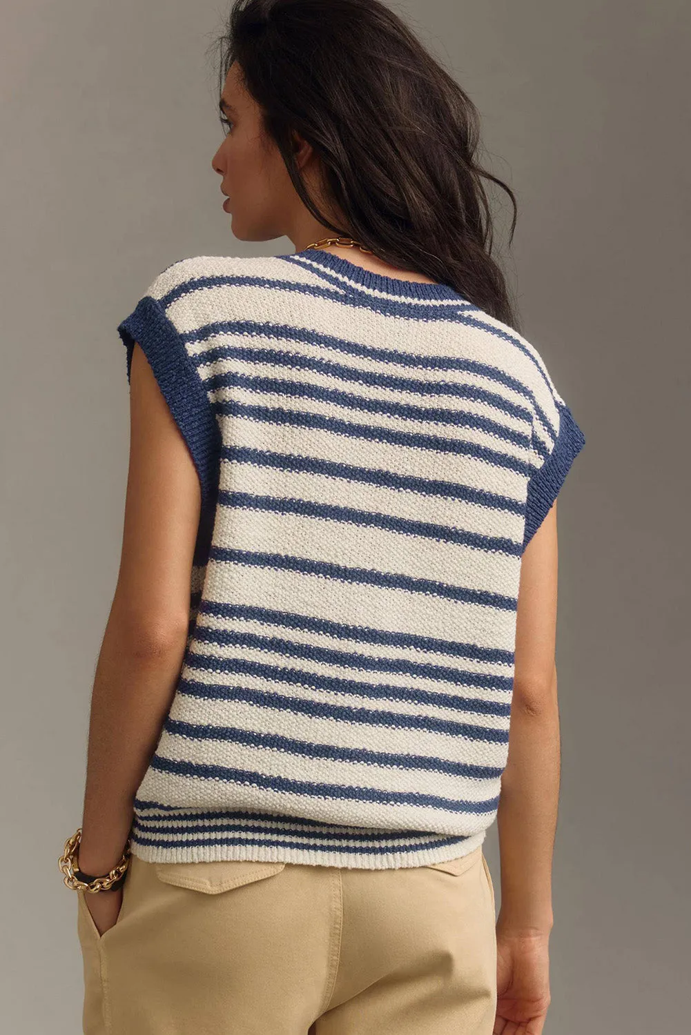 Blue Stripe Loose Buttoned V Neck Sweater Vest sold by Beagle Boutique product image thumbnail 2