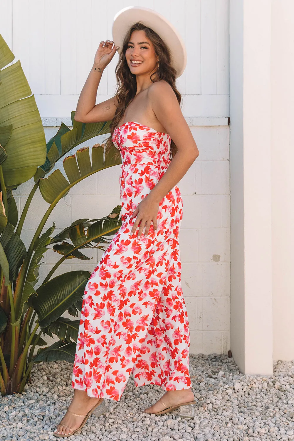 Pink Floral Print Twisted Bandeau Keyhole Pleated Wide Leg Jumpsuit sold by Beagle Boutique product image thumbnail 4