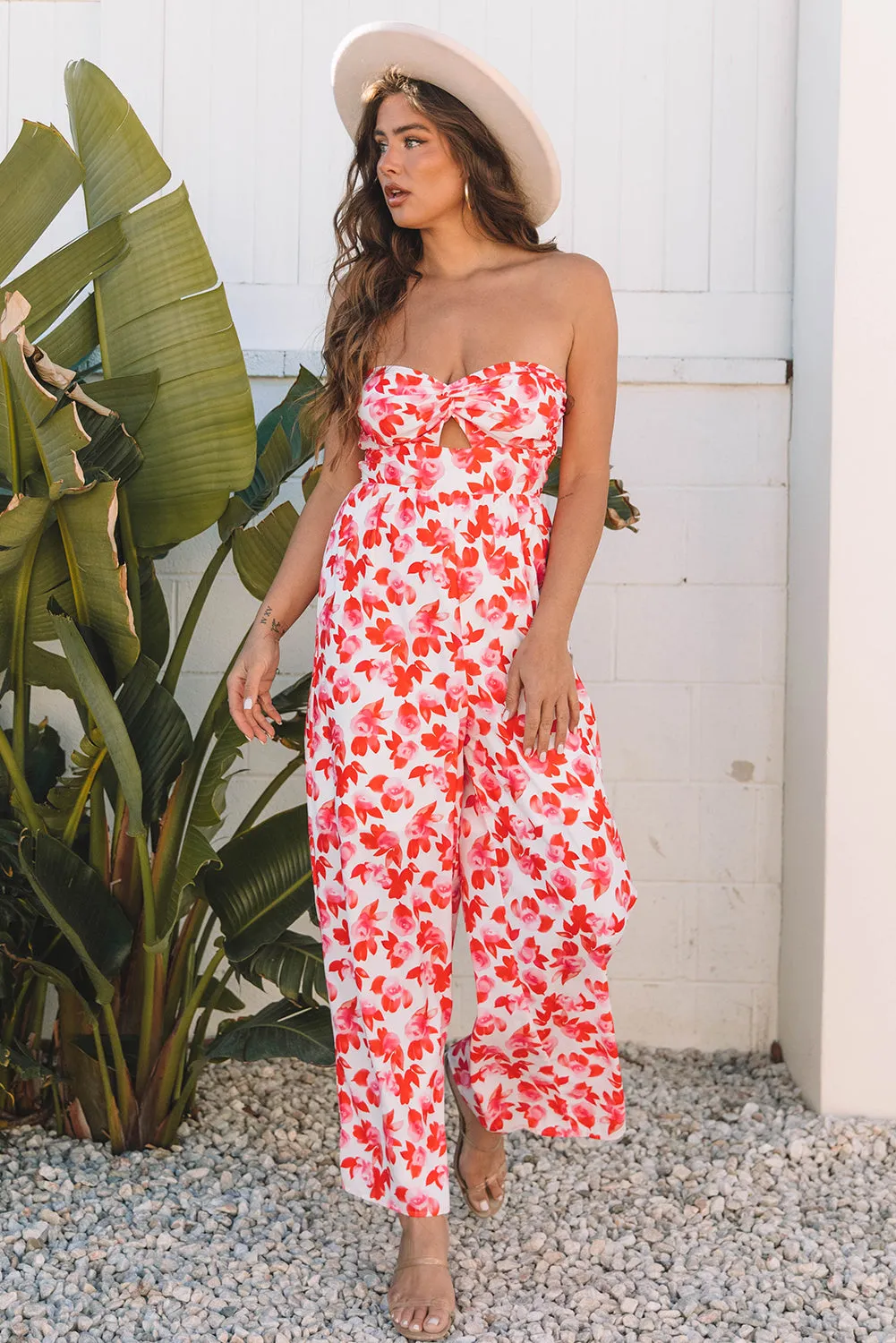 Pink Floral Print Twisted Bandeau Keyhole Pleated Wide Leg Jumpsuit sold by Beagle Boutique