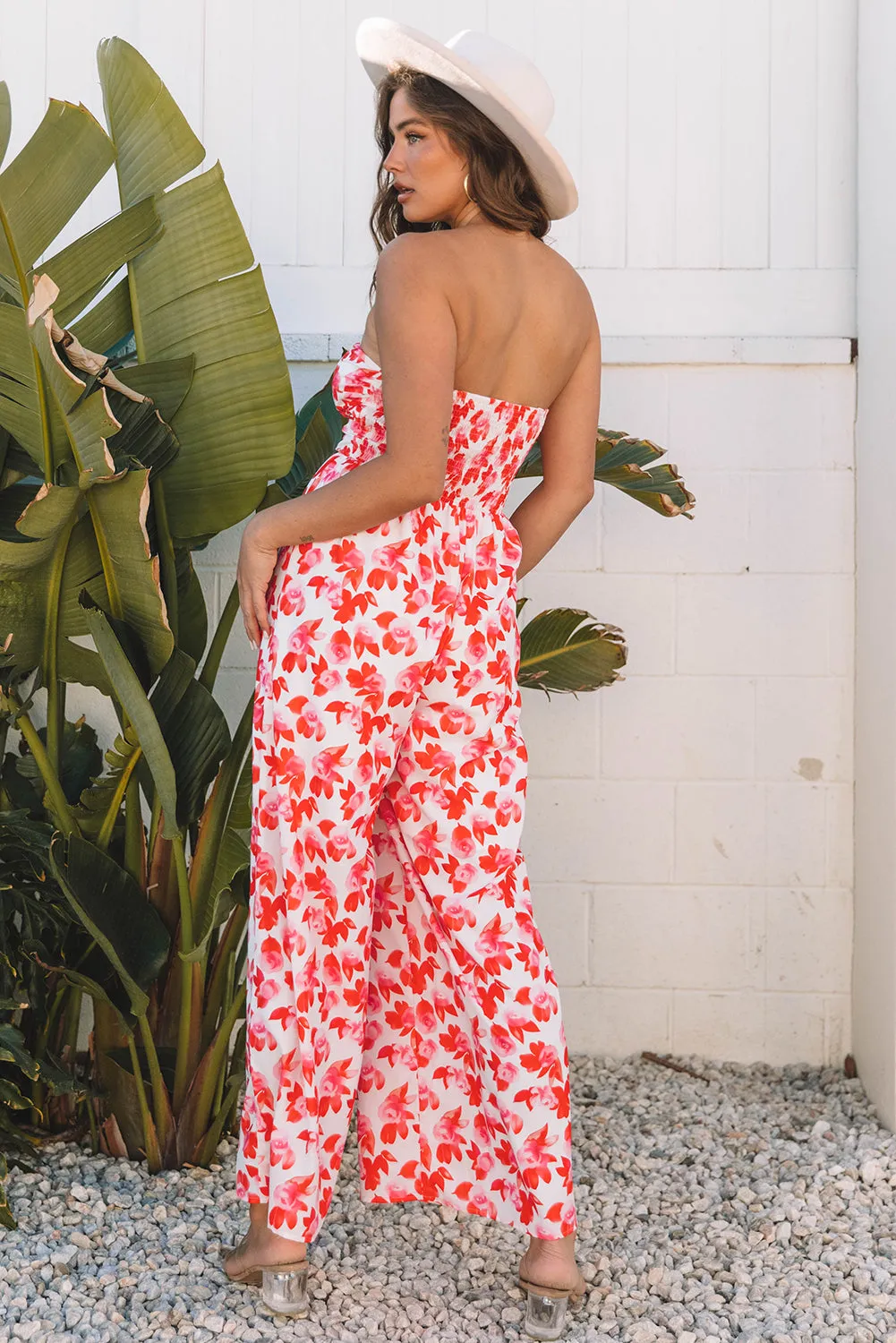 Pink Floral Print Twisted Bandeau Keyhole Pleated Wide Leg Jumpsuit sold by Beagle Boutique product image thumbnail 3
