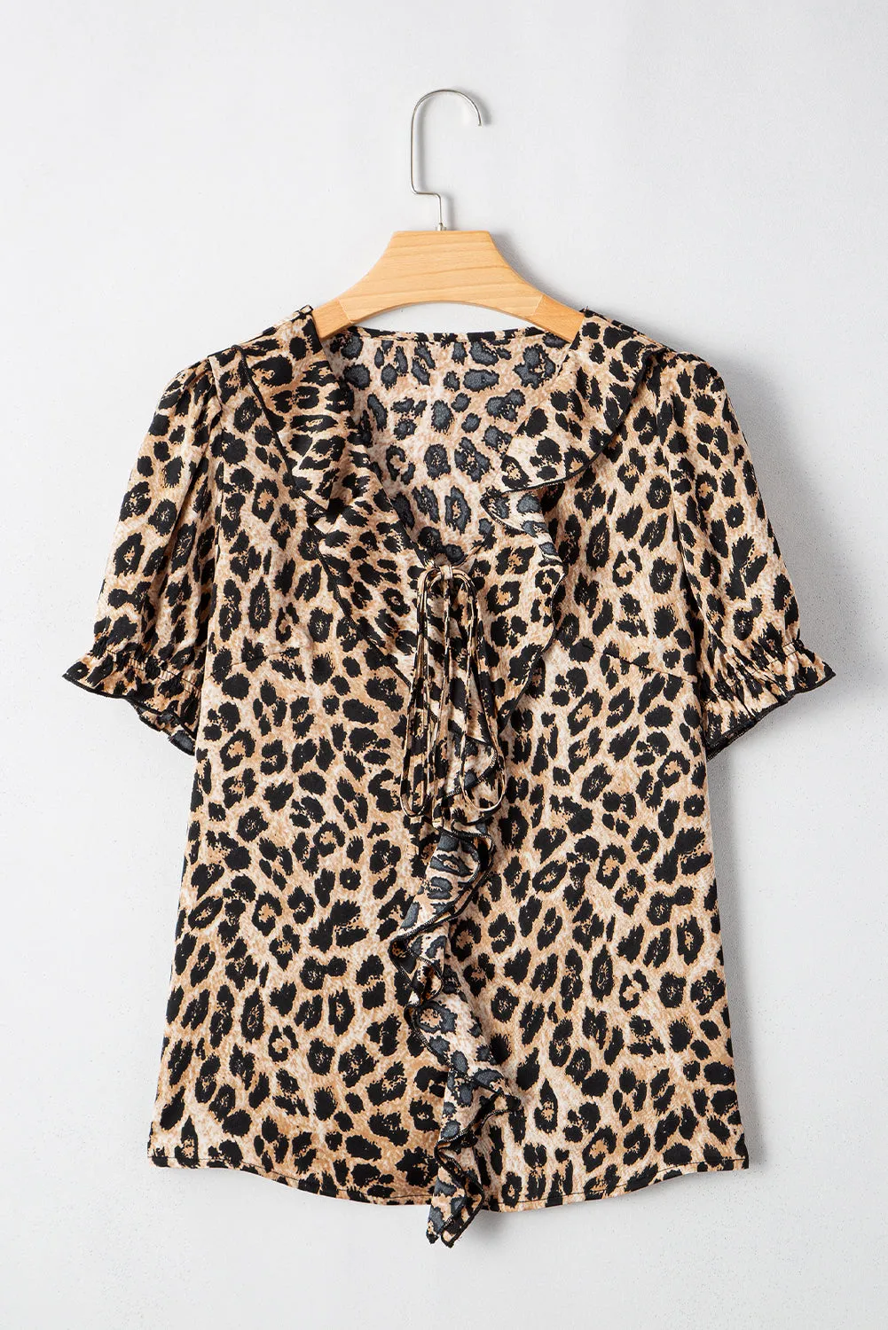 Khaki Leopard Ruffled Neck Cascading Puff Short Sleeve Top sold by Beagle Boutique product image thumbnail 5