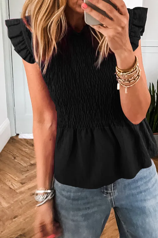 Black Ruffle Short Sleeve Shirred Peplum Top sold by Beagle Boutique