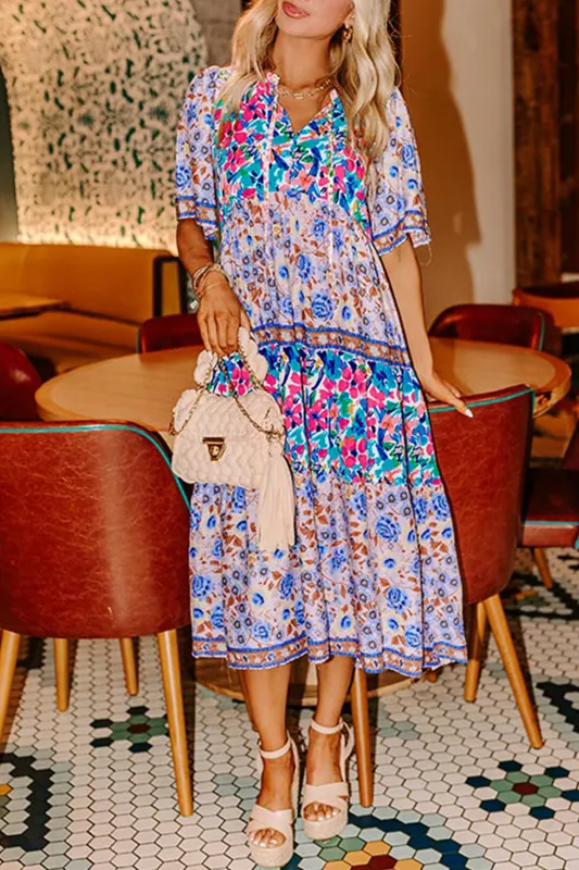 Sky Blue Mixed Floral Print Tie Split Neck Short Sleeve Dress sold by Beagle Boutique