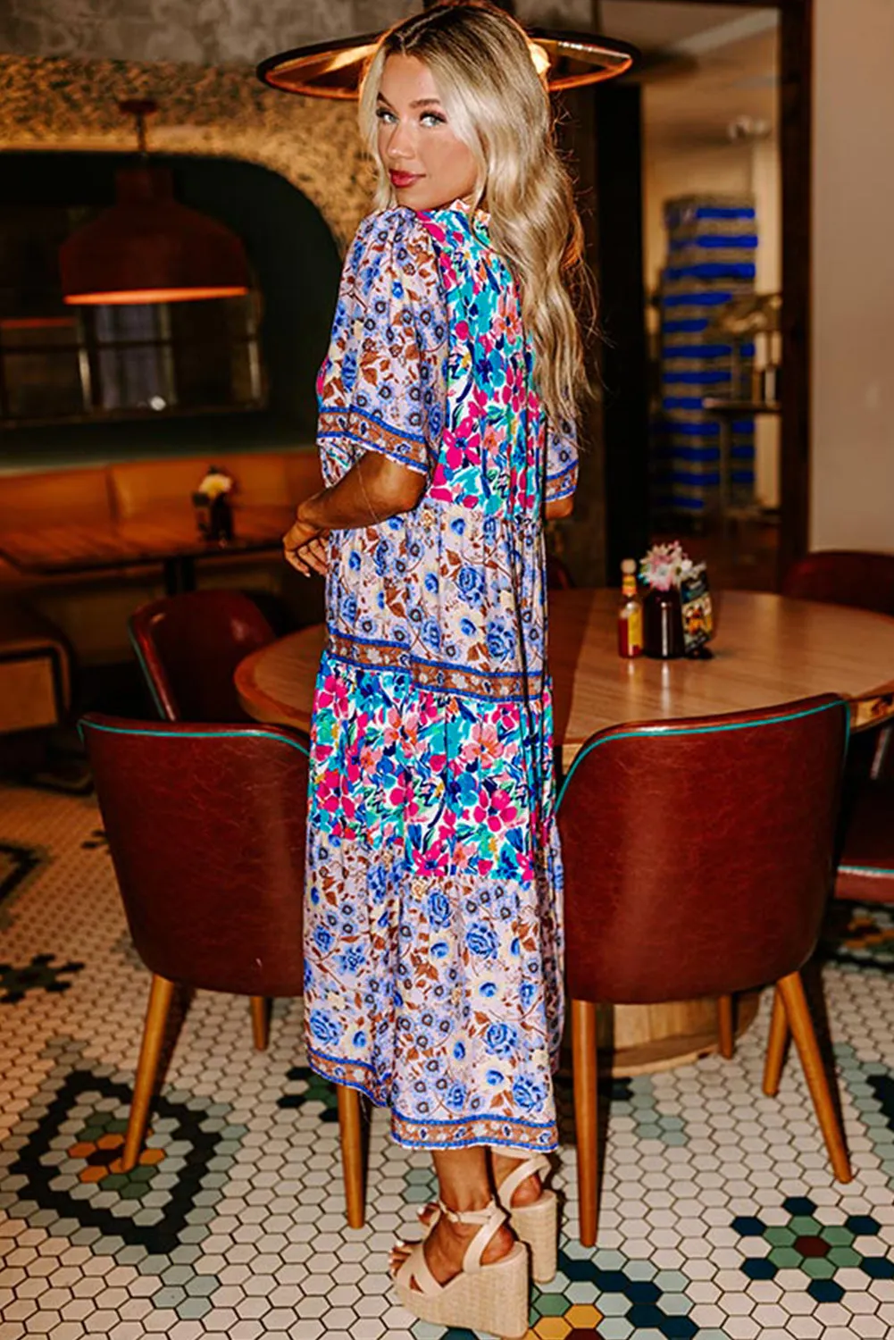 Sky Blue Mixed Floral Print Tie Split Neck Short Sleeve Dress sold by Beagle Boutique product image thumbnail 3