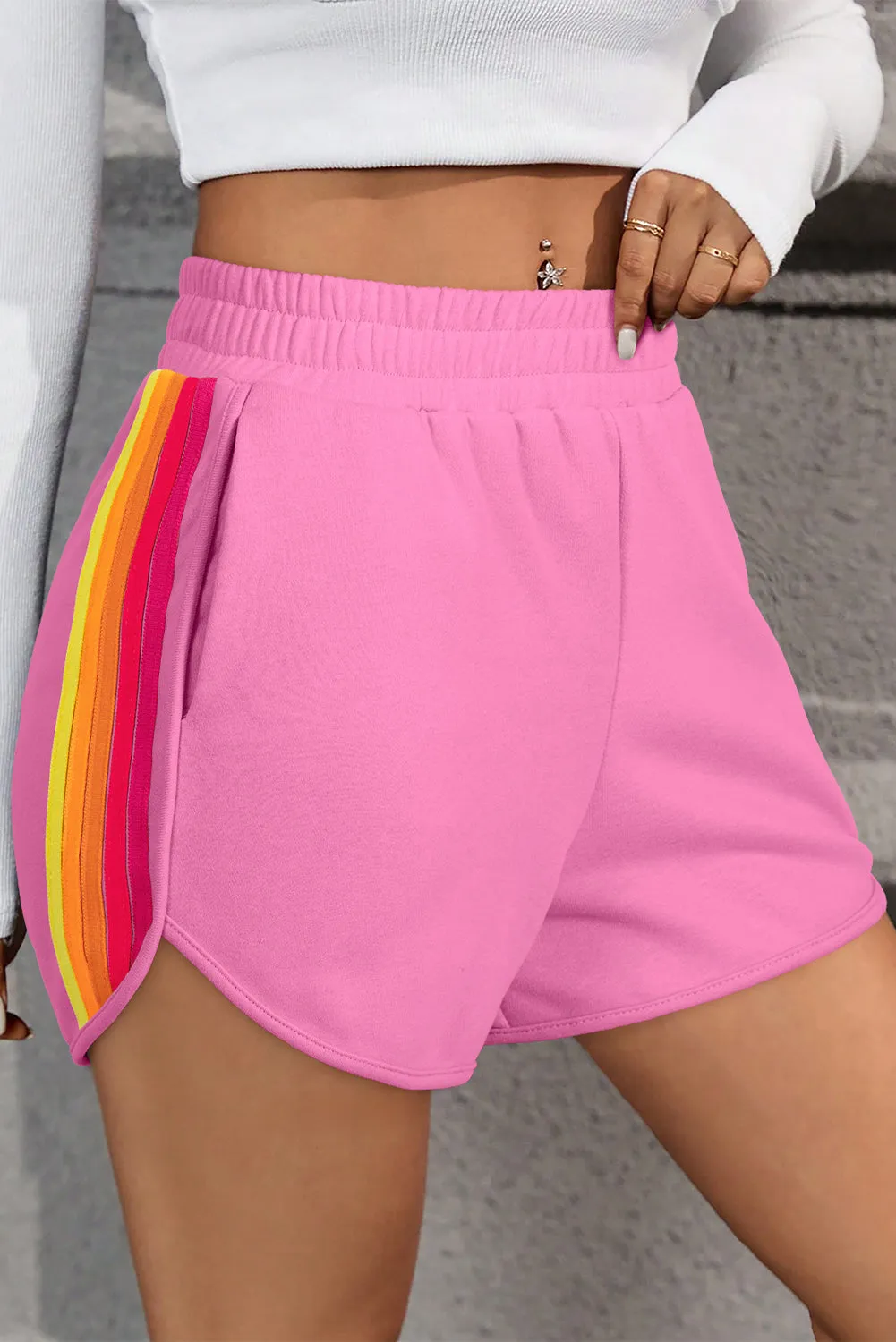 Pink Colour Block Stripes Elastic High Waist Active Shorts sold by Beagle Boutique