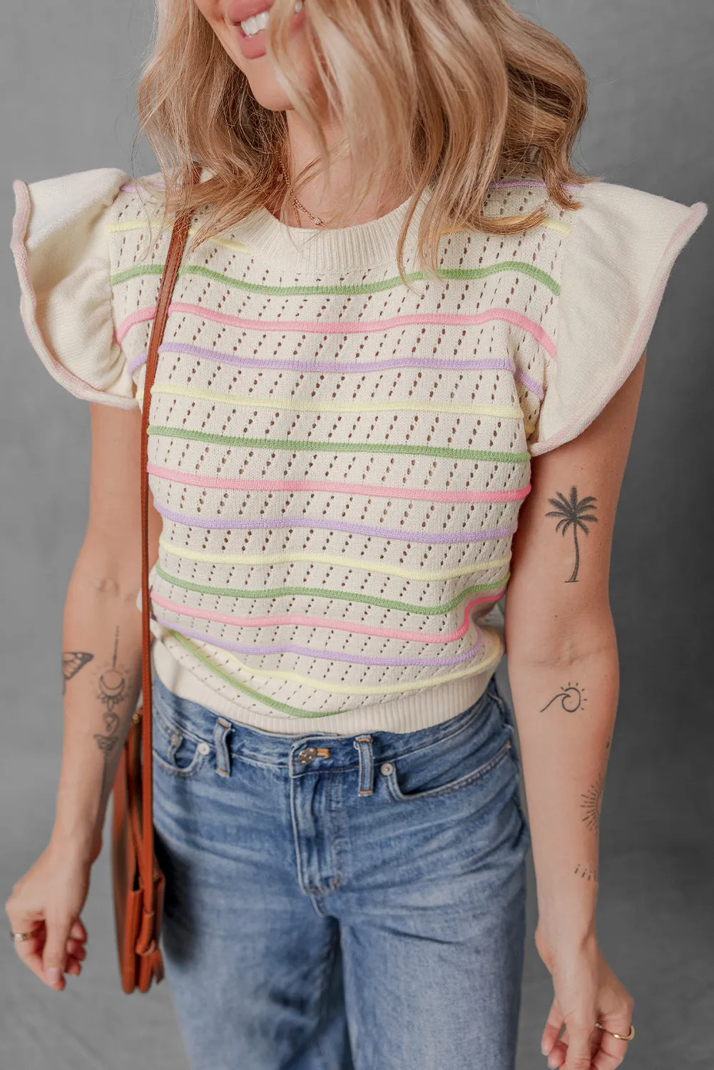 Oatmeal Colourful Striped Eyelet Knit Ruffled Sleeve Sweater T Shirt sold by Beagle Boutique product image thumbnail 3