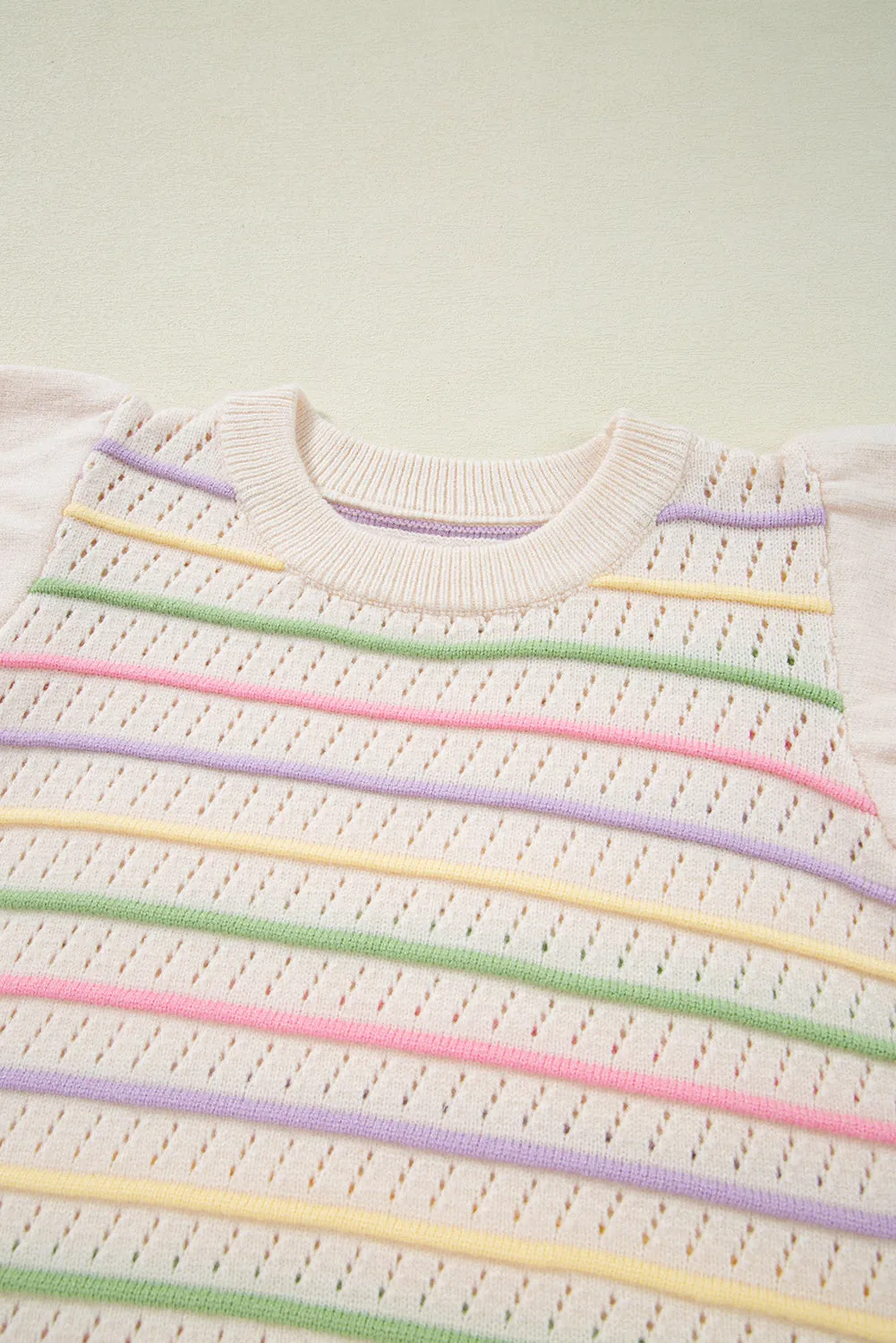 Oatmeal Colourful Striped Eyelet Knit Ruffled Sleeve Sweater T Shirt sold by Beagle Boutique product image thumbnail 5