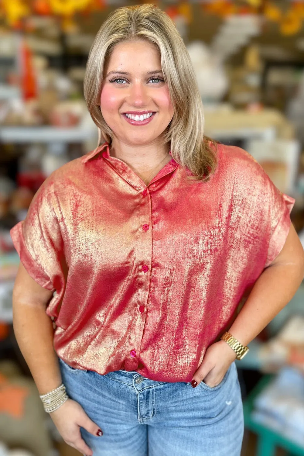 Rose Red Plus Size Metallic Sheen Short Sleeve Button Up Shirt sold by Beagle Boutique product image thumbnail 3