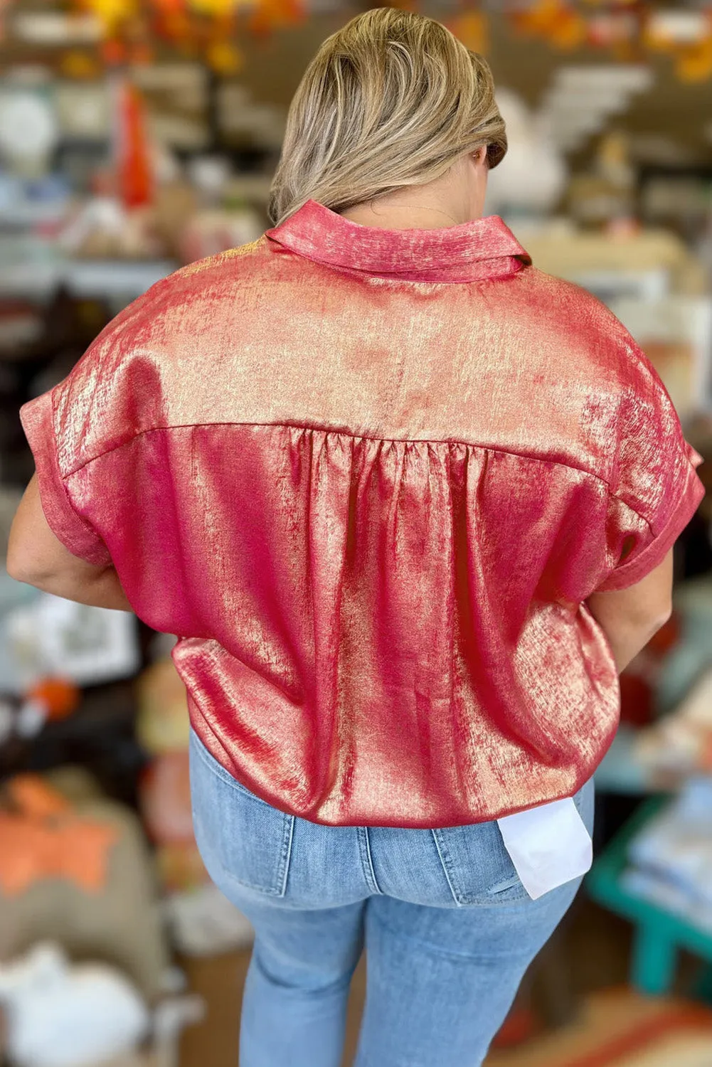 Rose Red Plus Size Metallic Sheen Short Sleeve Button Up Shirt sold by Beagle Boutique product image thumbnail 2