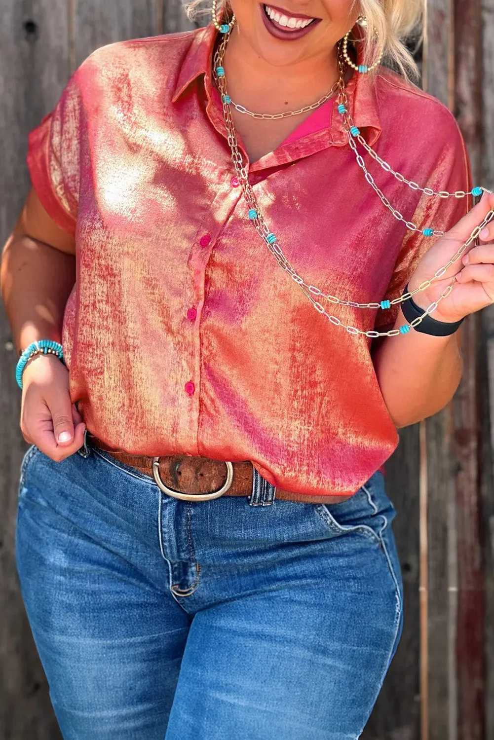 Rose Red Plus Size Metallic Sheen Short Sleeve Button Up Shirt sold by Beagle Boutique