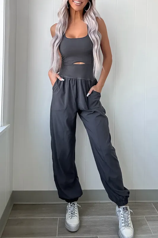 Carbon Grey Back Crossed Straps Hollow Out Jogger Jumpsuit sold by Beagle Boutique