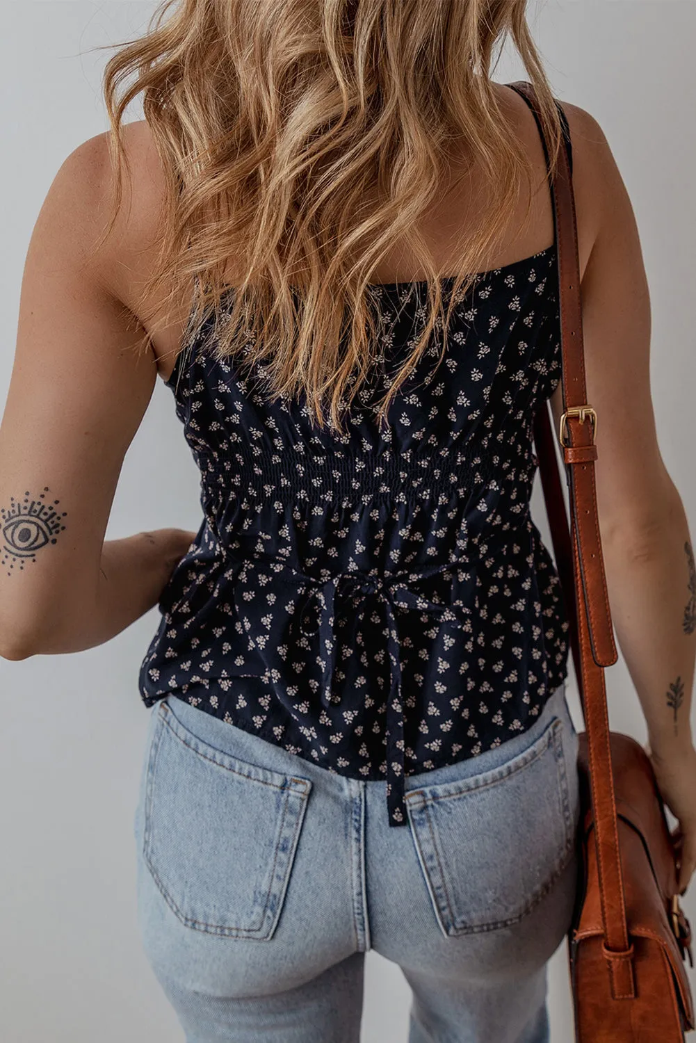 Blue Floral Print Spaghetti Strap Buttoned V Neck Cami Top sold by Beagle Boutique product image thumbnail 2