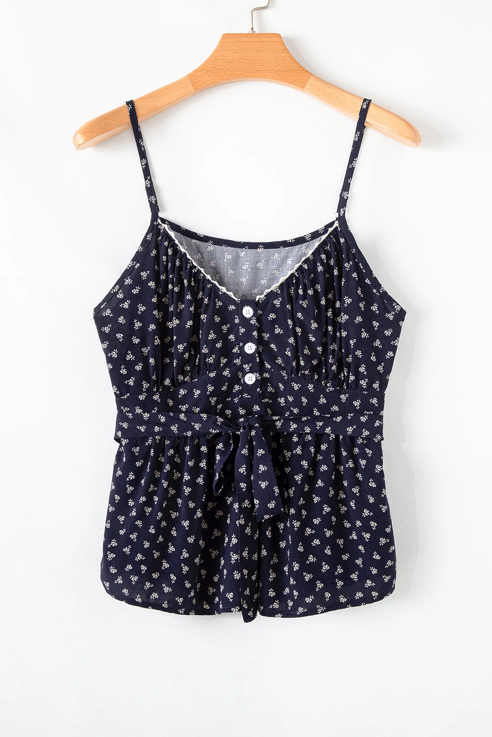 Blue Floral Print Spaghetti Strap Buttoned V Neck Cami Top sold by Beagle Boutique product image thumbnail 4