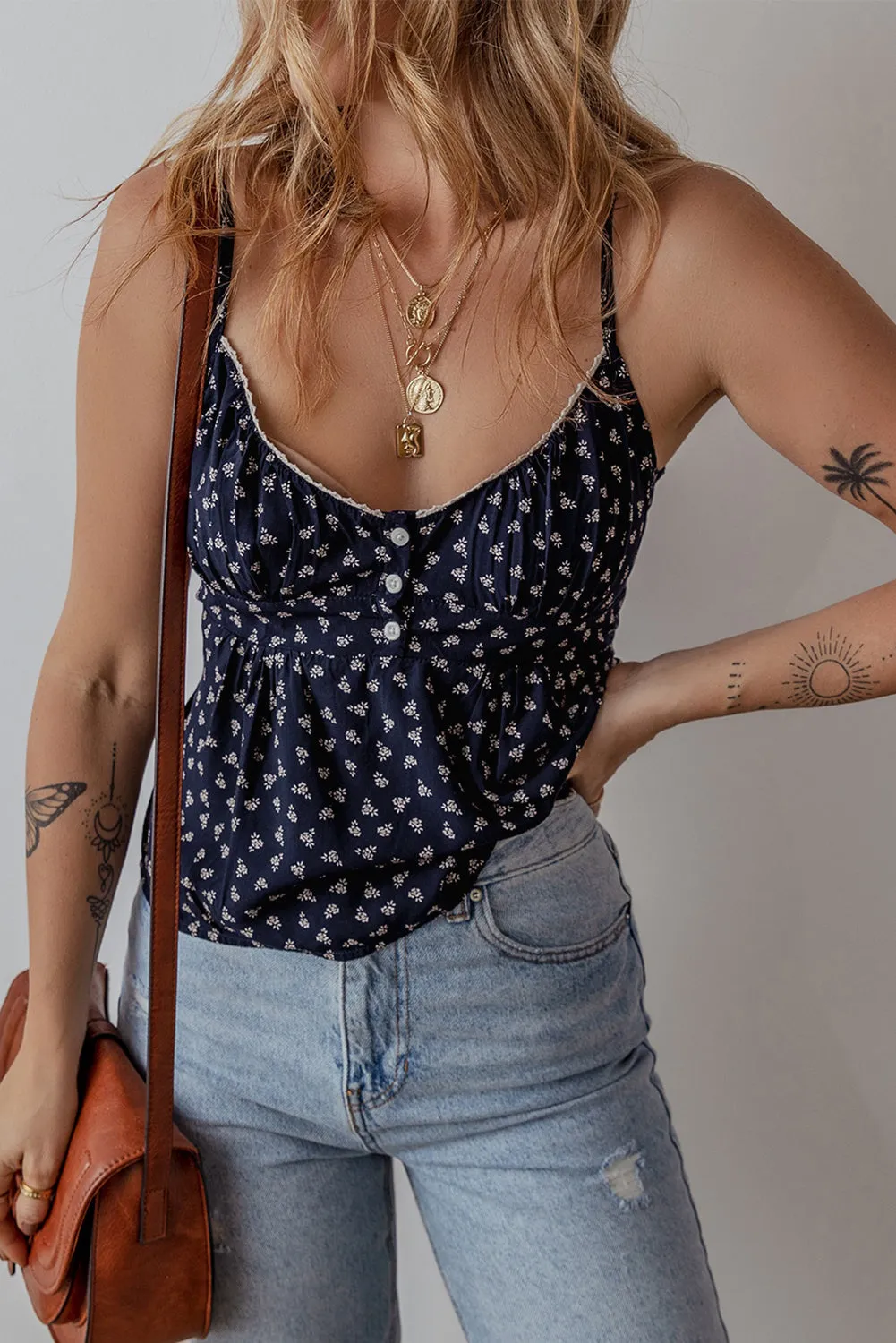 Blue Floral Print Spaghetti Strap Buttoned V Neck Cami Top sold by Beagle Boutique product image thumbnail 3