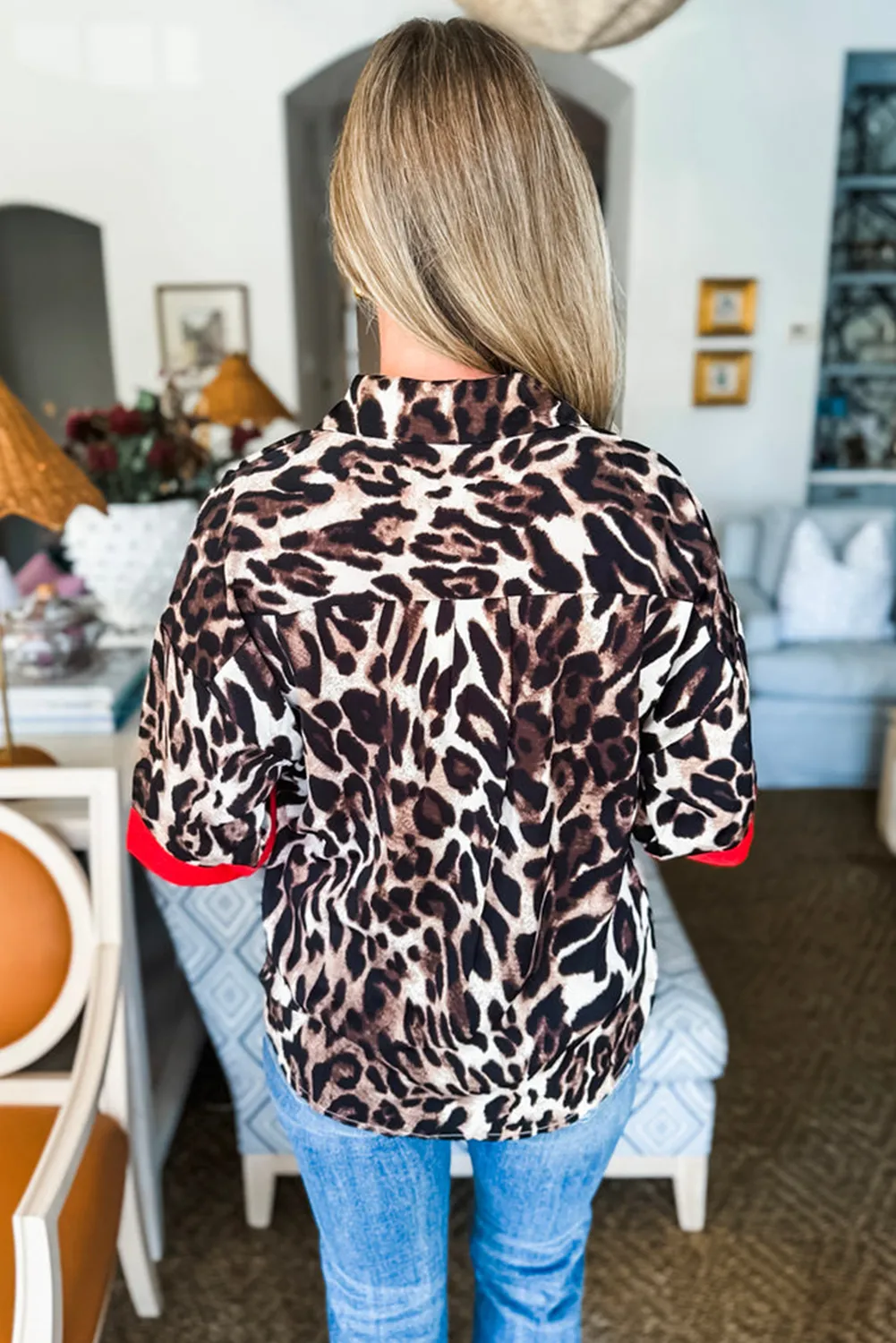 Dark Brown Contrast Trim Patchwork Leopard Print Half Sleeve Shirt sold by Beagle Boutique product image thumbnail 2