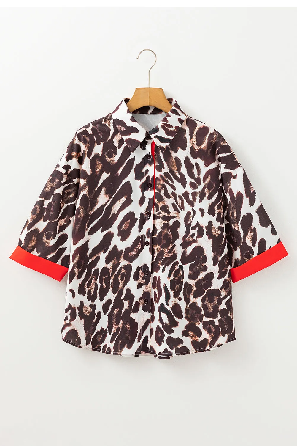 Dark Brown Contrast Trim Patchwork Leopard Print Half Sleeve Shirt sold by Beagle Boutique product image thumbnail 5