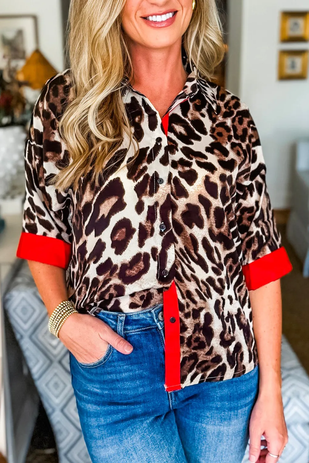 Dark Brown Contrast Trim Patchwork Leopard Print Half Sleeve Shirt sold by Beagle Boutique