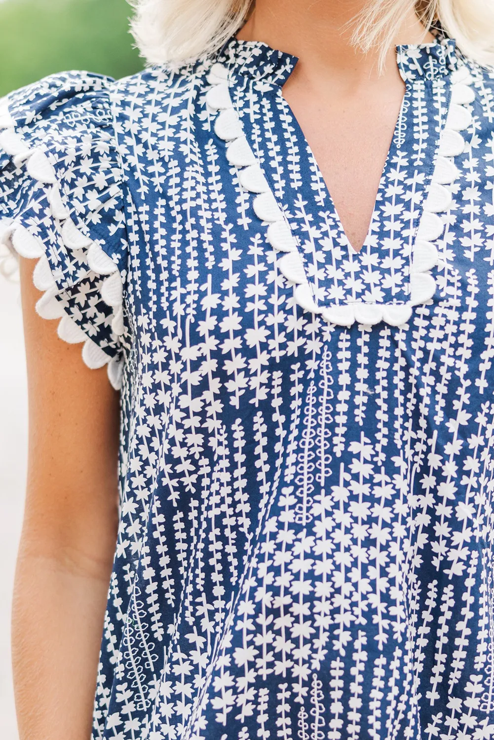 Sky Blue Abstract Print Ric Rac Trim Flutter Sleeve Notch V Neck Blouse sold by Beagle Boutique product image thumbnail 5